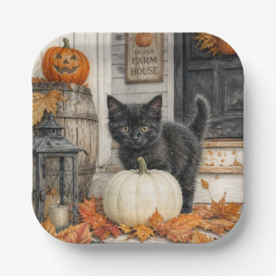 かわいいファームハウス 黒猫とカボチャのハロウィン ペーパープレート