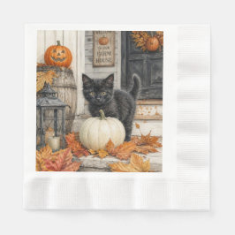 かわいいファームハウス 黒猫とカボチャのハロウィン 縁ありランチョンナプキン