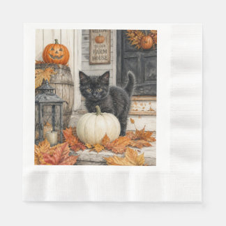 かわいいファームハウス 黒猫とカボチャのハロウィン 縁ありランチョンナプキン