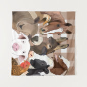 かわいいファーム動物ポートレートギンガムチェック – ブラウン タペストリー (正面(横))