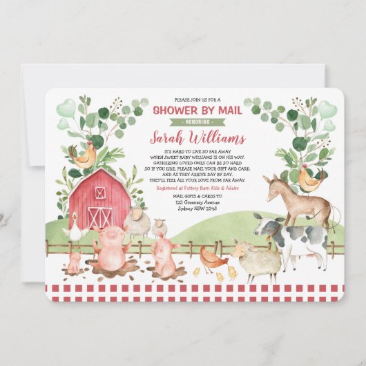 かわいいファーム納屋周囲の庭動物ベビーシャワーbyメール 招待状 (正面)