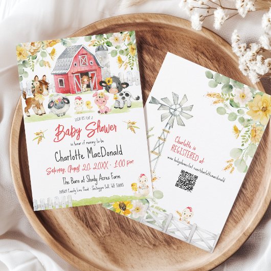 かわいいファーム納屋周囲の庭動物レッドバーンベビーシャワー 招待状