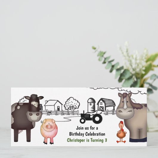 かわいいファーム、動物とトラクター誕生日 招待状 (スタンド正面)