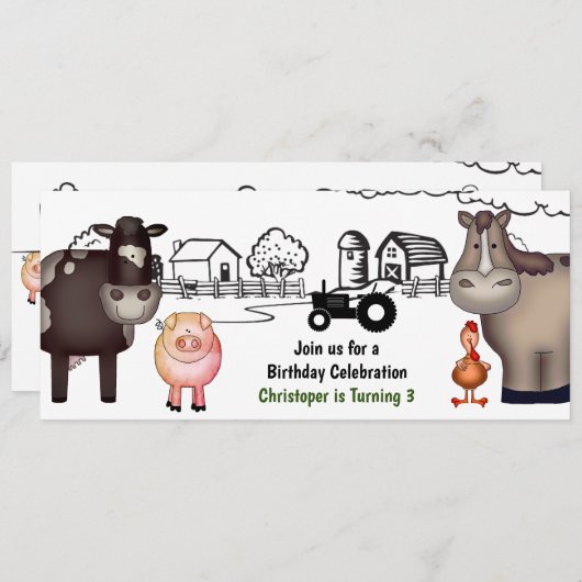 かわいいファーム、動物とトラクター誕生日 招待状 (正面/裏面)