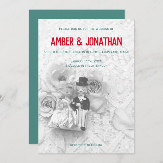 かわいいフィギュアとレース結婚式招待状II 招待状 (正面/裏面)