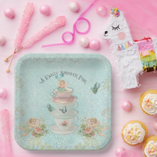 かわいいフェアリーティーカップガールベイビーシャワーパーソナライズされた ペーパープレート (パーティー)