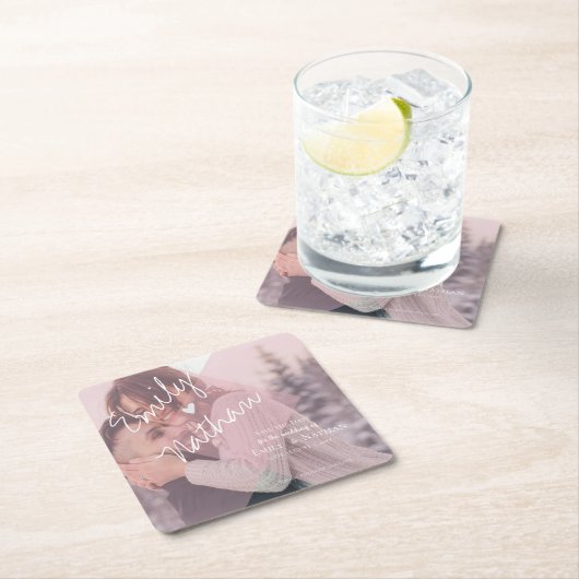 かわいいフェイクハートパステルピンクフォト結婚ズ スクエアペーパーコースター (インサイチュ)