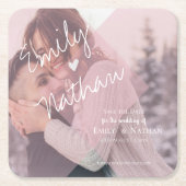 かわいいフェイクハートパステルピンクフォト結婚ズ スクエアペーパーコースター (正面)