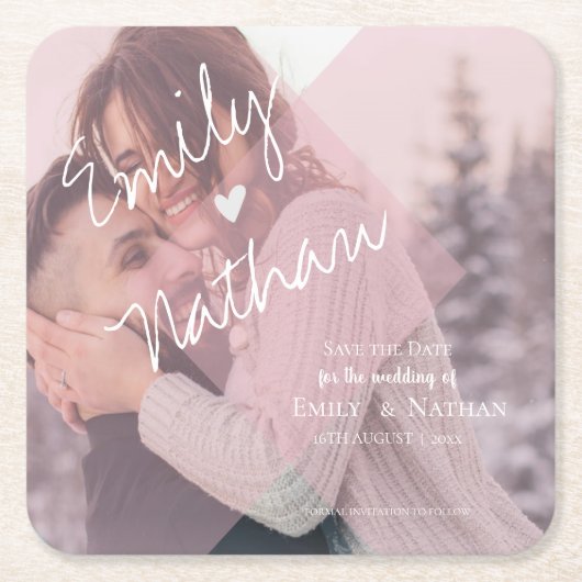 かわいいフェイクハートパステルピンクフォト結婚ズ スクエアペーパーコースター (正面)