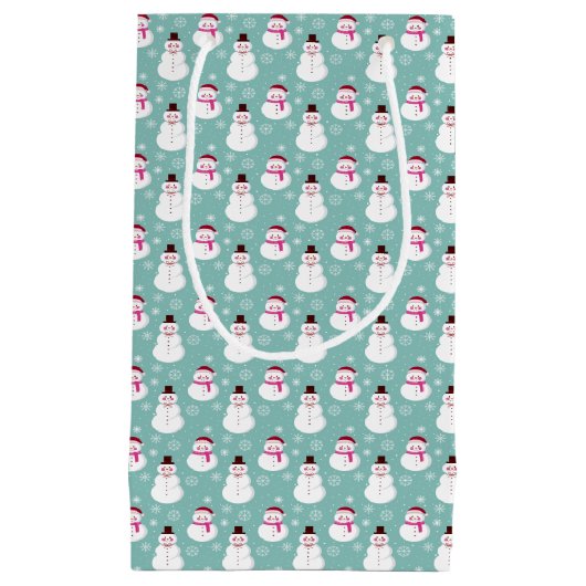 かわいいフェスティバルウィンターピンク霜の降りた雪だるま スモールペーパーバッグ (正面)