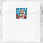 かわいいフェスティバルオレンジの猫のクリスマス スクエアシール (バッグ)