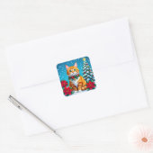 かわいいフェスティバルオレンジの猫のクリスマス スクエアシール (封筒)