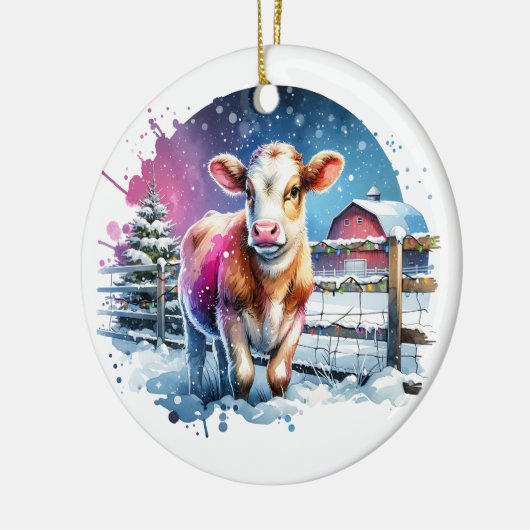 かわいいフェスティバルカウカードクリスマスパーソナライズされた セラミックオーナメント (左)