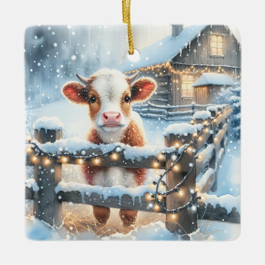 かわいいフェスティバルカウクリスマスパーソナライズされた セラミックオーナメント (正面)