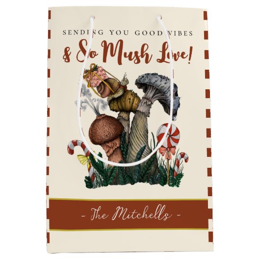 かわいいフェスティバルカタツムリメリー魔法マッシュルームクリスマス ミディアムペーパーバッグ (正面)