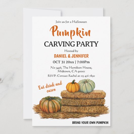 かわいいフェスティバルカボチャ彫刻ハローウィンパーティ 招待状 (正面)