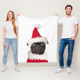 かわいいフェスティバルクリスマスブラックパグサンタハット フリースブランケット