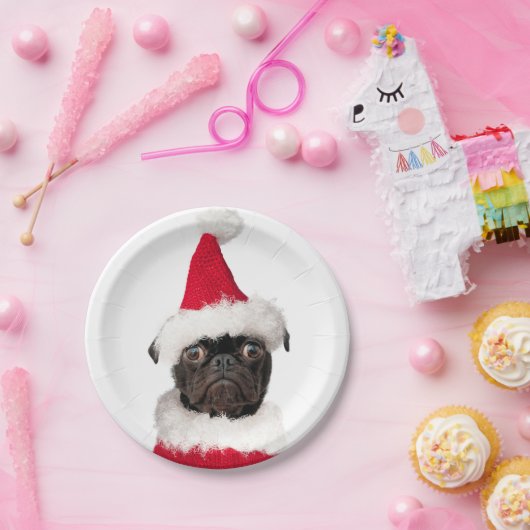 かわいいフェスティバルクリスマスブラックパグサンタハット ペーパープレート (パーティー)