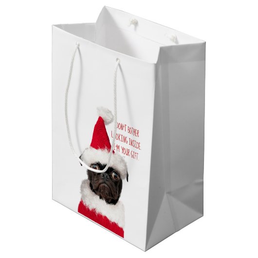 かわいいフェスティバルクリスマスブラックパグパピーサンタ ミディアムペーパーバッグ (正面アングル)
