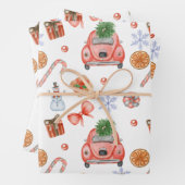 かわいいフェスティバルクリスマスヴィンテージカーと木 ラッピングペーパーシート (インサイチュ)