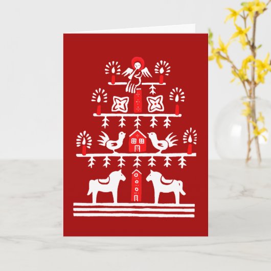 かわいいフェスティバルスカンジレッドホワイトクリスマスツリー カード (黄色い花)