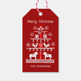 かわいいフェスティバルスカンジレッドホワイトクリスマスツリー ギフトタグ