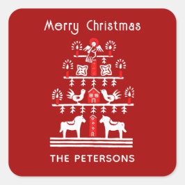 かわいいフェスティバルスカンジレッドホワイトクリスマスツリー スクエアシール