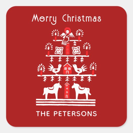 かわいいフェスティバルスカンジレッドホワイトクリスマスツリー スクエアシール (正面)