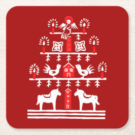 かわいいフェスティバルスカンジレッドホワイトクリスマスツリー スクエアペーパーコースター