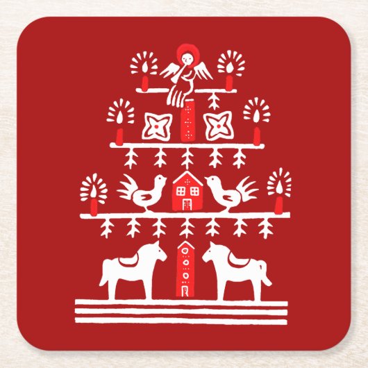 かわいいフェスティバルスカンジレッドホワイトクリスマスツリー スクエアペーパーコースター (正面)