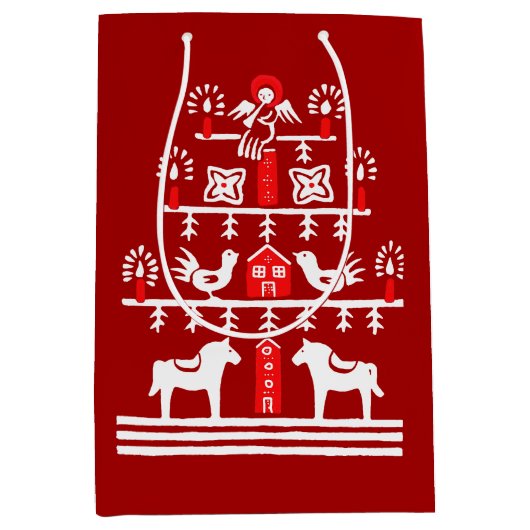 かわいいフェスティバルスカンジレッドホワイトクリスマスツリー ミディアムペーパーバッグ (正面)