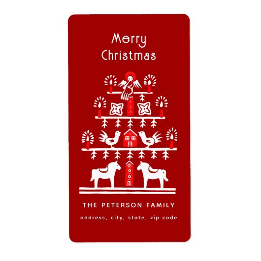 かわいいフェスティバルスカンジレッドホワイトクリスマスツリー ラベル (正面)