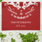 かわいいフェスティバルスカンジレッドホワイトクリスマスディアー キッチンタオル (折り畳み)