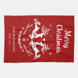 かわいいフェスティバルスカンジレッドホワイトクリスマスディアー キッチンタオル