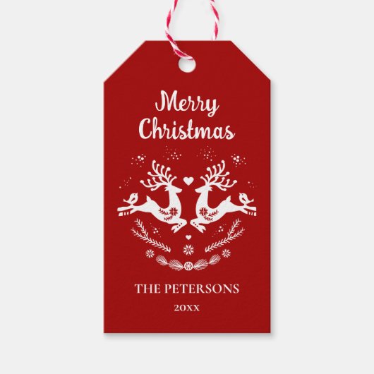 かわいいフェスティバルスカンジレッドホワイトクリスマスディアー ギフトタグ (正面)