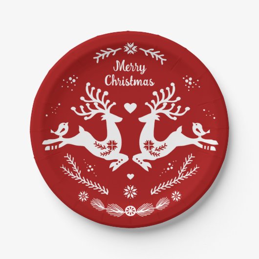 かわいいフェスティバルスカンジレッドホワイトクリスマスディアー ペーパープレート (正面)