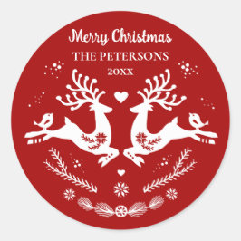 かわいいフェスティバルスカンジレッドホワイトクリスマスディアー ラウンドシール