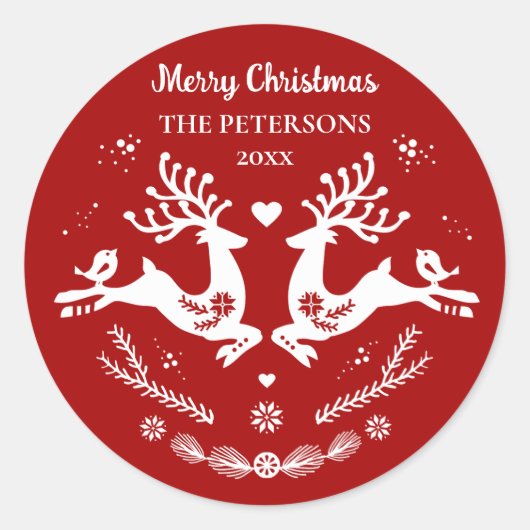 かわいいフェスティバルスカンジレッドホワイトクリスマスディアー ラウンドシール (正面)