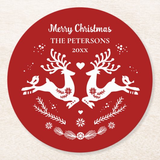 かわいいフェスティバルスカンジレッドホワイトクリスマスディアー ラウンドペーパーコースター (正面)