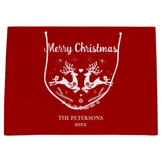 かわいいフェスティバルスカンジレッドホワイトクリスマスディアー ラージペーパーバッグ (正面)