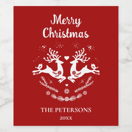 かわいいフェスティバルスカンジレッドホワイトクリスマスディアー ワインラベル (シングルラベル)