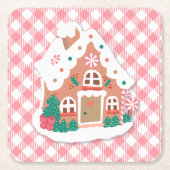 かわいいフェスティバルスノーウィーピンクジンガーブレッドハウスジンガム スクエアペーパーコースター (正面)