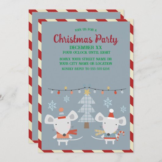 かわいいフェスティバルネズミとブルークリスマスの木 招待状 (正面/裏面)