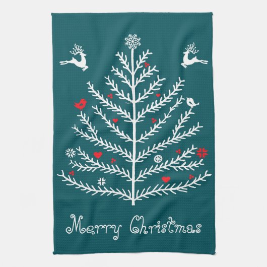 かわいいフェスティバルノルディックティール(緑がかった色)クリスマスツリーディアー キッチンタオル (縦)