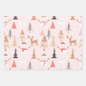 かわいいフェスティバルピンククリスマスツリー雪だるまトナカイ ラッピングペーパーシート (正面)