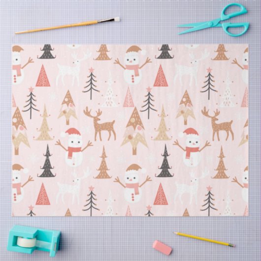 かわいいフェスティバルピンククリスマスツリー雪だるまトナカイ 薄葉紙 (クラフト)