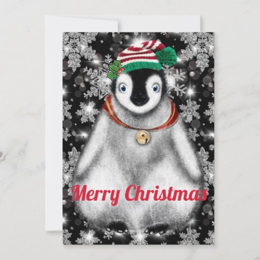 かわいいフェスティバルホリデーペンギンのグリッター雪の結晶 シーズンカード (正面)