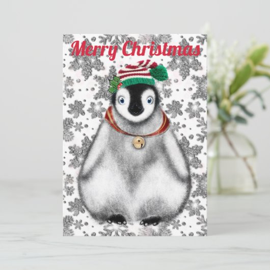 かわいいフェスティバルホリデーペンギンのグリッター雪の結晶 シーズンカード (スタンド正面)