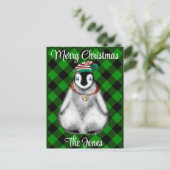 かわいいフェスティバルホリデーペンギングリーンブラックプレイド シーズンポストカード (スタンド正面)