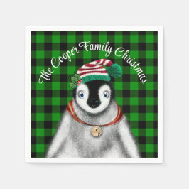 かわいいフェスティバルホリデーペンギングリーンブラックプレイド スタンダードカクテルナプキン
